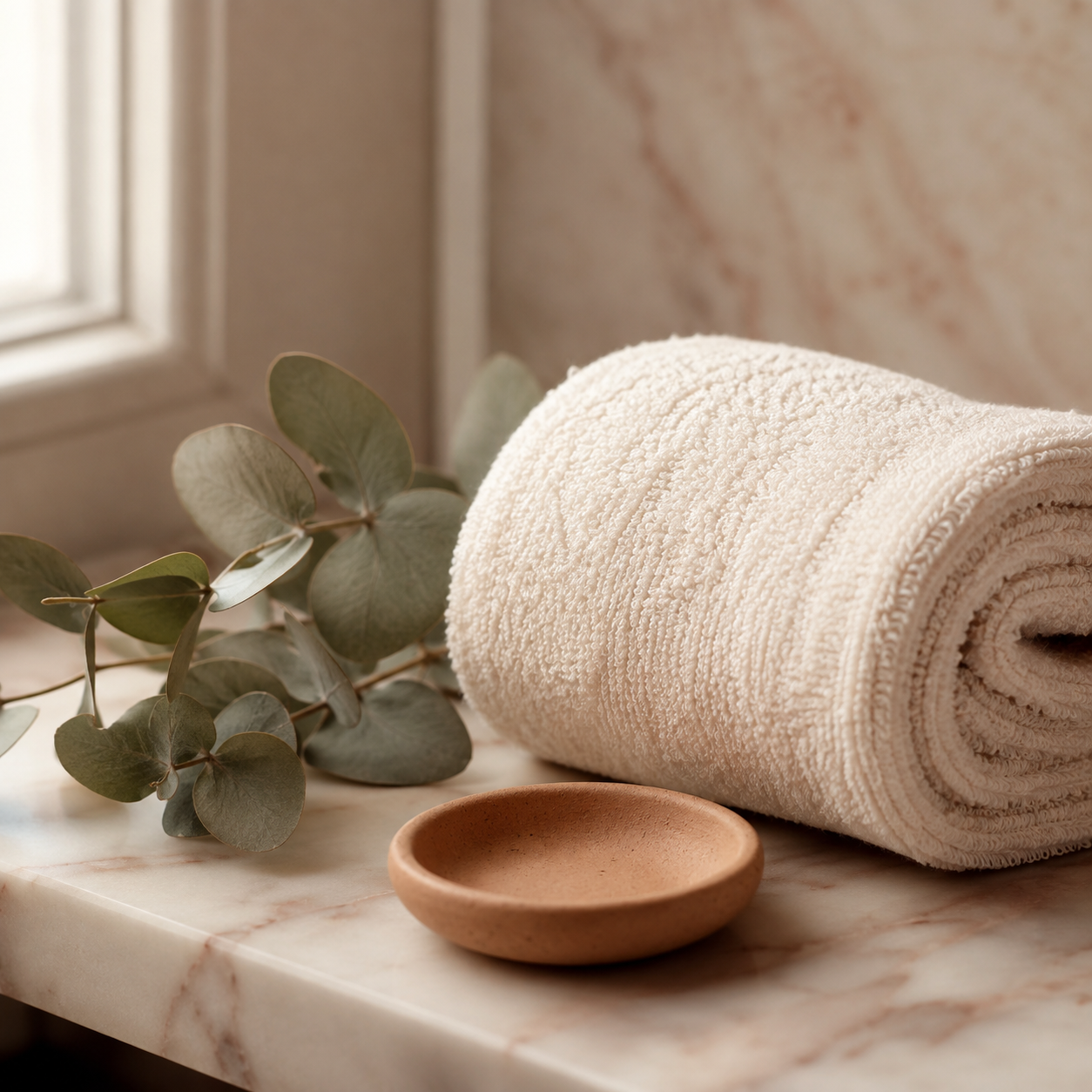 Opgerolde handdoek, eucalyptus en een kleikleurig schaaltje