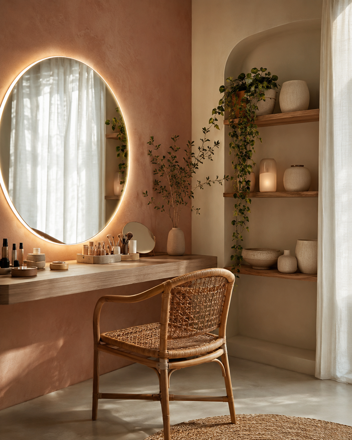 Hoek van de studio met spiegel en ringlamp