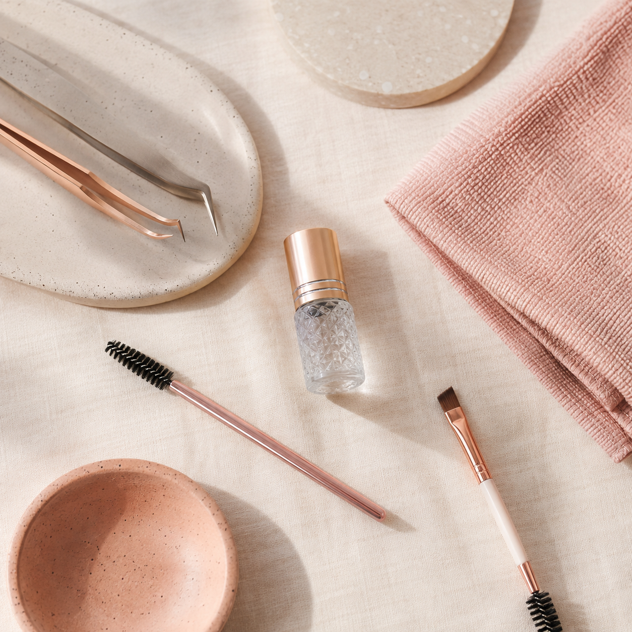 Pincetten, lashbrush en lijm op linnen